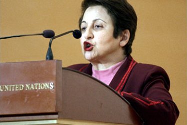 epa : epa01582946 A file picture dated 10 December 2008 shows Iranian Shirin Ebadi, Peace Nobel Laureate in 2003, deliver her speech, during the 2nd edition of the Geneva