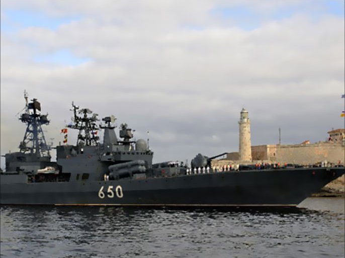 ف- The Russian Admiral Chabanenko destroyer arrives at Havana's harbor, on December 19, 2008. A group of Russian warships arrived in Cuba on Friday, the first such visit to the Soviet-era ally since the end of the Cold War,