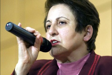 epa : epa01573771 Iranian Shirin Ebadi, Peace Nobel Laureate in 2003, answers a question at the European headquarters of the United Nations in Geneva, Switzerland
