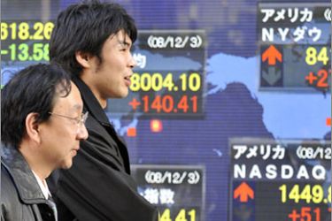 AFPPedestrians pass before a share prices board in Tokyo on December 3, 2008. Japanese share prices rose 140.41 points to close at 8,004.10 popints at the Tokyo Stock Exchange, tracking