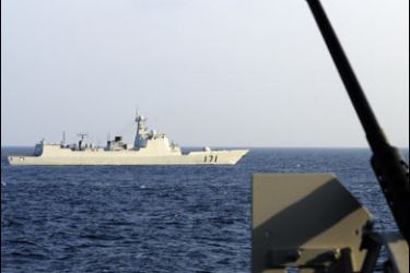 f/Chinese navy warship, the DDG-171 Haikou destroyer, is seen from French Frigate "Le Floreal", as it patrols the waters of the Gulf of Aden on January 19, 2009.