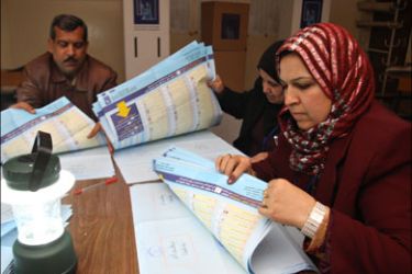 afp : Iraqi electoral employees begin to count the votes cast in the provincial elections in central Baghdad on January 31 2009. Millions of Iraqis voted in provincial elections in a