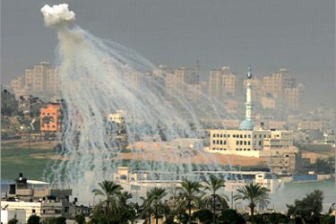 AFP - An Israeli artillery shell explodes over the Gaza Strip on January 16, 2009 as from the Israeli-Gaza border. Israel's offensive on Gaza ploughed on into its 21st day on Friday