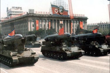 afp : (FILES) This file handout from North Korea's official news agency KCNA taken on April 25, 1992 shows a North Korean military unit of missile carriers during a military
