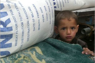 A Palestinian boy stands amidst sacs of aid food at a United Nations Relief and Works Agency (UNRWA) distribution centre in the Rafah refugee camp, southern Gaza Strip