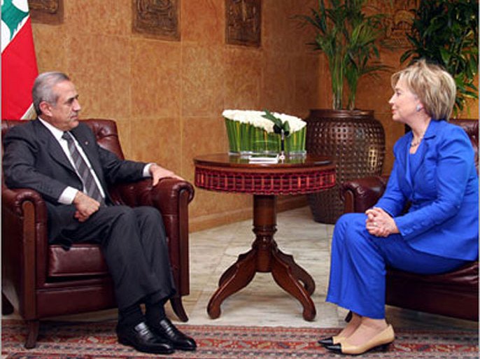 A handout picture released by the Lebanese photo agency Dalati and Nohra shows Lebanese President Michel Sleiman meeting with US Secretary of State Hillary Clinton in Baabda, east of Beirut