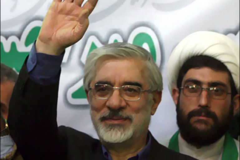 epa : epa01747786 Former Iranian Prime Minister and upcoming presidential elections candidate Mir-Hossein Mousavi waves to his supporters during an election