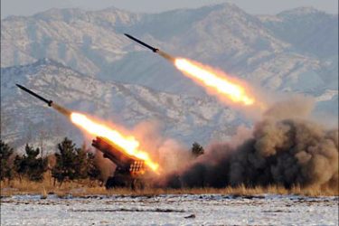 f_This undated file picture released from North Korea's official Korean Central News Agency on January 5, 2009 shows a firing drill of the Unit 1489 under the Artillery