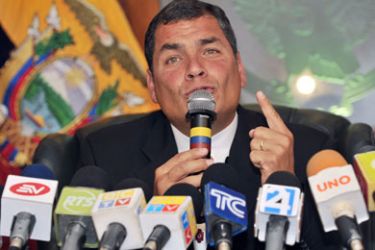 The President of Ecuador, Rafael Correa, speaks during a press conference at the air base Mariscal Sucre in Quito on June 28, 2009. Correa said that Ecuador's government