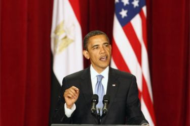 US President Barack Obama delivers his much-anticipated message to the Muslim world from the auditorium in the Cairo University campus in Cairo during a one-day visit to Egypt on June 04, 2009