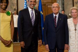 US President Barack Obama (2D-L) and First Lady Michelle Obama (L) stand alongside Italian President Giorgio Napolitano (2D-R) and First Lady Clio prior their meeting on July 8, 2009