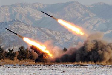 This undated handout photo released by the Korean Central News Agency on January 5, 2009 shows a missile-firing drill at an undisclosed location in North Korea. North