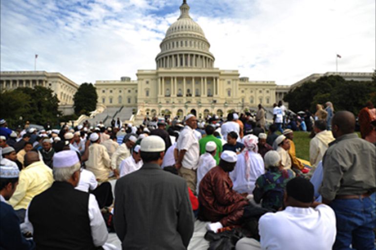 Muslims pray on the west front of the US Capitol on September 25, 2009 in Washington, DC. The event “Islam on Capitol Hill” was held to pray “for the soul of America”