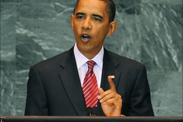 US President Barack Obama, speaks during the United Nations General Assembly September 23, 2009 at UN headquarters in New York. UN chief Ban Ki-moon opened