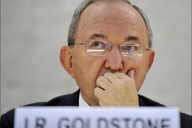Head of the United Nations (UN) fact finding mission on the Gaza Conflict, former South African judge Richard Goldstone looks on after delivering a report before the Human Rights