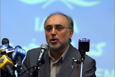 Iran's Nuclear Chief Ali Akbar Salehi speaks during a joint press conference with chief of the International Atomic Energy Agency (IAEA), Mohamed ElBaradei, in Tehran on October 4, 2009. ElBaradei said that his inspectors will check Iran's new uranium facility