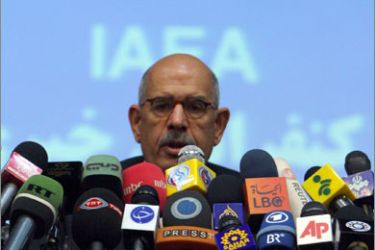 Chief of the International Atomic Energy Agency (IAEA), Mohamed ElBaradei, speaks during a joint press conference with Iran's Nuclear Chief Ali Akbar Salehi in Tehran on October 4, 2009. ElBaradei said that his inspectors will check Iran's new uranium