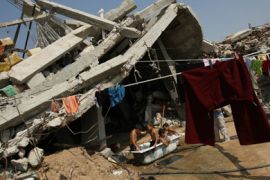 Palestinain children from the war-ravaged Ezzbed Abed Rabbo neighborhood, in the northern Gaza Strip town of Jabalia,