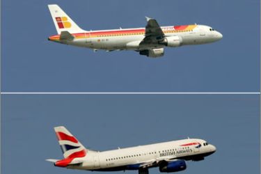 CH009 - Barcelona, -, SPAIN : (FILES) A combination of pictures taken on October 19, 2007 shows an Iberia aircraft (top) and a British airways aircraft taking off from El Prat airport in Barcelona. British Airways said it will hold talks later on Thursday November 12, 2009 with