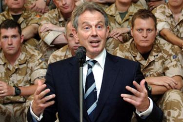 (FILES) Britain's Prime Minister Tony Blair speaks to British soldiers at British Divisional Headquaters in Basra on May 19, 2007. A long-awaited public inquiry into Britain's role in the Iraq war opened on November 24, 2009, six and a half years after then premier Tony Blair led Britain in backing the US-led invasion to oust Saddam Hussein.