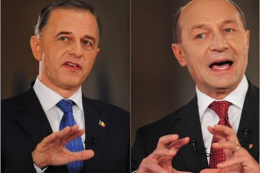 Combo picture shows Social Democratic Party's (PSD) presidential candidate Mircea Geoana (L) and Romanian incumbent President Traian Basescu (R) gesturing during the final debate of the presidential elections in Bucharest on December 3, 2009