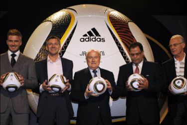 afp : (From L) England international David Beckham, Adidas CEO Herbert Hainer, FIFA President Sepp Blatter, Danny Jordaan, chief executive of the 2010 FIFA World Cup