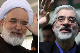 A combination of archive pictures shows former Iranian premier Mir Hossein Mousavi (R) waving as he arrives to register his candidacy for the upcoming presidential election at the interior ministry in Tehran on May 9, 2009