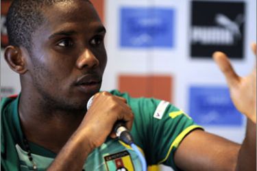 Samuel Eto'o of Cameroon listens to questions from journalists during a press conference on the eve of their group stage match at the African Cup of Nations CAN2010 against Gabon, at the