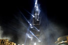 Dubai's Burj Khalifa tower, the world's tallest skyscraper, is lit by laser lights during its opening ceremony in the Gulf emirate on January 4, 2009. Sheikh Mohammad bin Rashed al-Maktoum, the ruler of Dubai, officially opened the world's tallest building, which stands at 828 metres high.