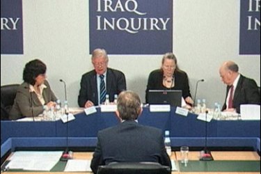R/A video grab image shows Britain's former Prime Minister, Tony Blair (C), addressing the Iraq Inquiry, in central London January 28, 2010.