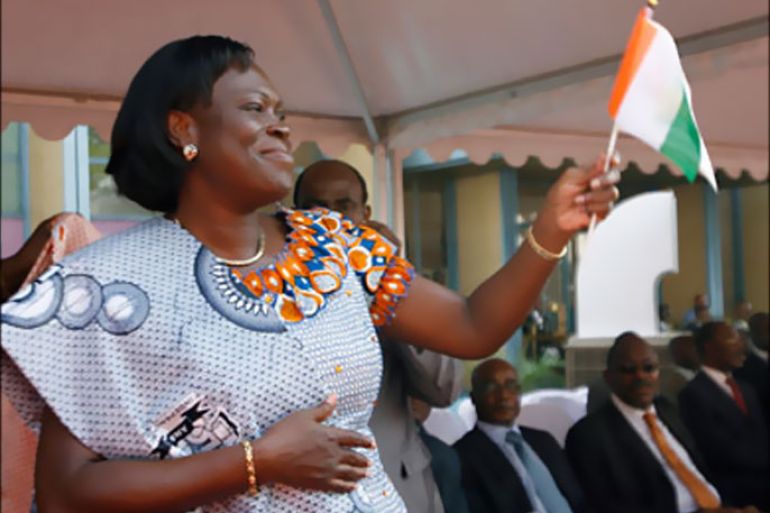 r_Simone Gbagbo, wife of Ivory Coast's President Laurent Gbagbo, gestures during the opening ceremony of celebrations marking the 50th anniversary
