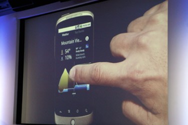 A screen shot of Erick Tseng, senior product manager for Google, demonstrating a weather application on the Nexus One smartphone his company will produce running the Android platform at the unveiling of the first mobile phone the internet company will sell directly to consumers, during a news conference at Google headquarters in Mountain View, California January 5, 2010.