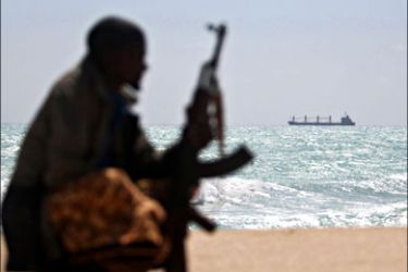 afp : Photo made on January 7, 2010 shows an armed Somali pirate along the coastline while the Greek cargo ship, MV Filitsa, is seen anchored just off the shores of Hobyo