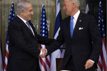 US Vice President Joe Biden (R) shakes hands with Israeli Prime Minister Benjamin Netanyahu (L) prior to their meeting at the Prime Minister's residence in Jerusalem on March 9, 2010.
