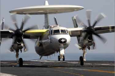 A picture taken on February 23, 2010 and released by the US Navy shows an E-2C Hawkeye assigned to the Bluetails of Airborne Early Warning Squadron