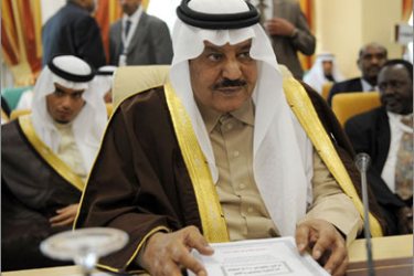 Saudi Interior Minister Prince Nayef Bin Abdul Aziz (C) watches at the opening of the Arab Interior Minister's meeting on March 16, 2010 in Tunis. The ministers met in the Tunisian capital to