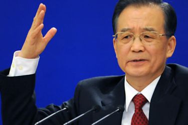 Chinese Premier Wen Jiabao gestures in response to a question during his annual press conference at the close of the National People's Congress, the annual parliament of China's ruling Communist Party at the Great Hall of the People in Beijing on March 14, 2010. China's parliament ended its annual session Sunday with the approval of the country's budget for 2010, which calls for more spending on health care, education and low-income housing. AFP PHOTO
