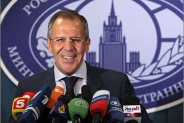 epa02093916 Russian Foreign Minister Sergey Lavrov speaks on a new Strategic Arms Reduction Treaty (START) during a briefing in Moscow, Russia