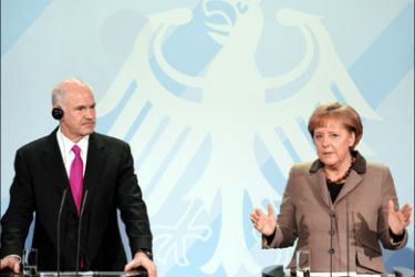 afp : German Chancellor Angela Merkel and Greek Prime Minister George Papandreou address a press conference at the chancellery in Berlin on March 5, 2010. Europe's biggest