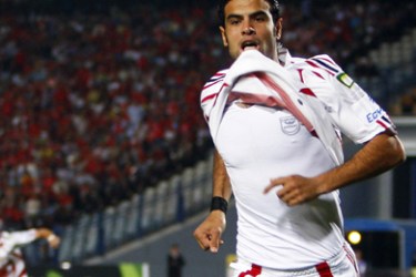 El Zamalek's Ahmed Gafer celebrates after scoring against Al Ahlyl during their Egyptian Premier League derby soccer match at Cairo Stadium,