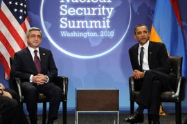 US President Barack Obama(R) holds a bilateral meeting with his Armenian counterpart Serzh Sargsian at the Washington Convention Center as a part of the Nuclear Security Summit in Washington, DC, on April 12, 2010.