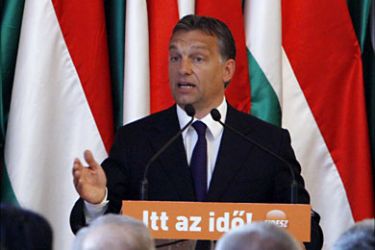 r_Hungarian Prime Minister elect Viktor Orban delivers his speech during a meeting to discuss public safety, in the northern Hungarian town of Ozd