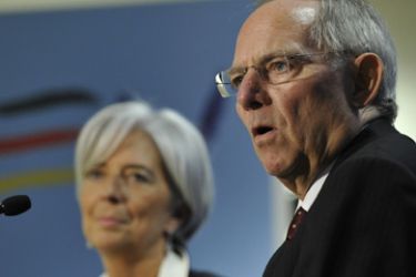 French Finance Minister Christine Lagarde (L) and German Finance Minister Wolfgang Schaeuble (R) give a joint press after a Task Force meeting at the EU headquarters in Brussels on May 21, 2010.