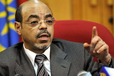 Ethiopian Prime Minister Meles Zenawi addresses a press conference at his office in Addis Ababa on May 26, 2010. Ethiopian opposition groups rejected today the results of parliamentary elections which gave long-time ruler Meles Zenawi a landslide win, and demanded fresh polls.