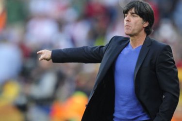 Germany's coach Joachim Loew reacts during the 2010 World Cup round of 16 match Germany vs England on June 27, 2010 at Free State stadium in Mangaung/Bloemfontein.