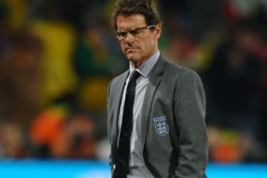 England's coach Fabio Capello looks dejected after Germany won the 2010 World Cup round of 16 football match Germany vs. England on June 27, 2010 at Free State stadium in Mangaung/Bloemfontein. Germany won 4-1.