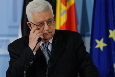 Palestinian President Mahmud Abbas gives a press conference with Spain's Prime Minister Jose Luis Rodriguez Zapatero (not pictured) after their meeting at the Moncloa Palace in Madrid on June 12, 2010. Abbas is in Madrid to discuss the Middle East conflict with Zapatero.