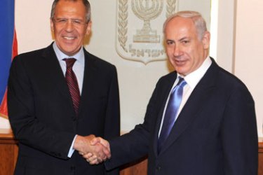 A handout picture released by the Israeli Government Press Office shows Prime Minister Benyamin Netanyau (R) meeting with Russian Foreign Minister Sergei Lavrov in Jerusalem on June 29, 2010.