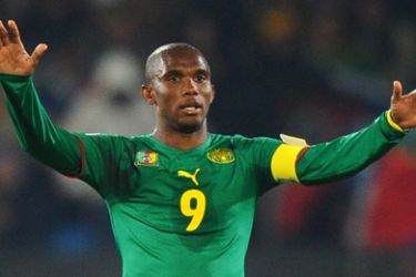 Cameroon's striker Samuel Eto'o gestures at the end of the Group E first round 2010 World Cup football match Cameroon vs. Denmark
