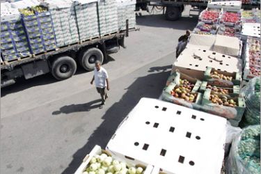 REUTERS/ A Palestinian man walks near trucks loaded with fruits and vegetables after their arrival in the southern Gaza Strip through the Israeli-controlled Kerem Shalom border crossing